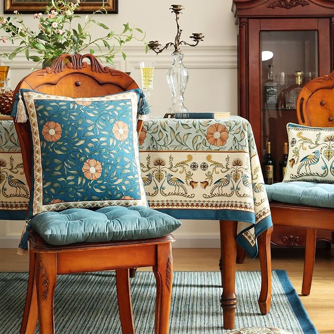 patdrea Designer Vintage Linen Throw Pillow Cover,18"x18"-Wensel A | Decorative Pillow Case,Teal Floral Pattern,Pillow Cover for Couch Living Room Bedroom Sofa,Fringe Trim