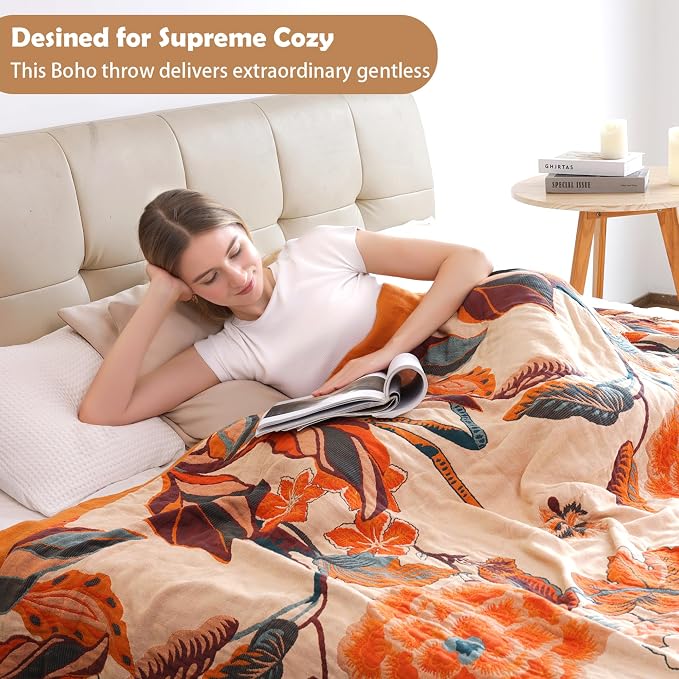 VANJOROY Boho Throw Blanket, 100% Organic Cotton Breathable Soft Lightweight All Season Rustic Bed Throw - Floral Bird Farmhouse Decor Blanket for Sofa Couch Chair Quilt and Gift. 60" x 80"