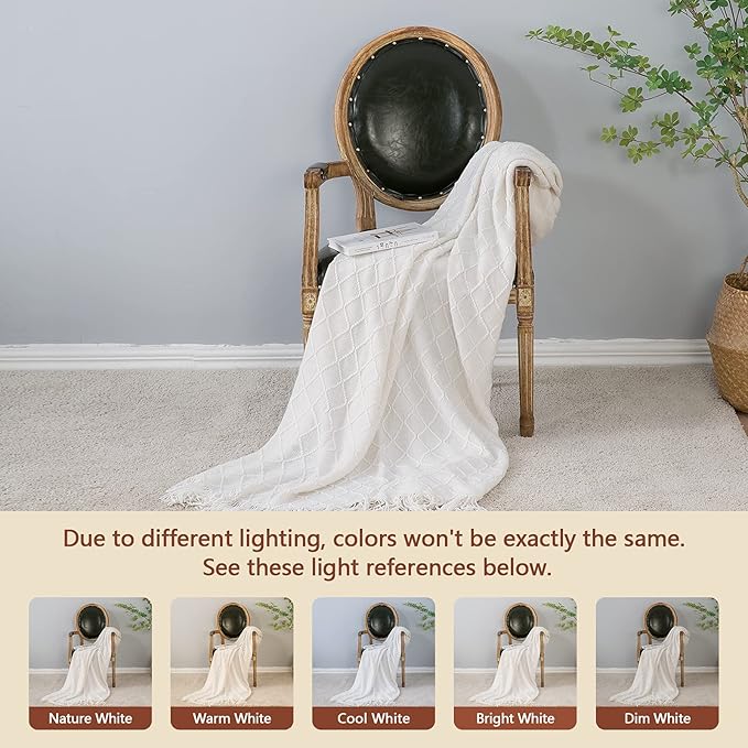 inhand Off White Knitted Throw Blanket for Couch and Bed, 50"x60" | Soft Living Room Home Decor Knitted Blanket with Tassel, Outdoor Lightweight Breathable, Farmhouse Warm Woven Decorative