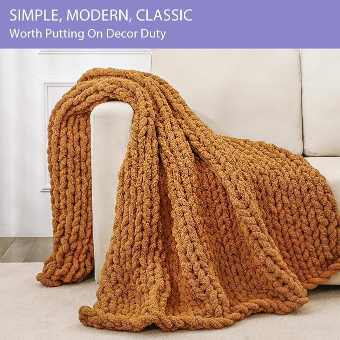 Bigacogo Chunky Knit Throw Blanket for Couch, 51x63 inches, Burnt Orange | Hand Knit with Jumbo Chenille, Soft Breathable Cable Knit for Sofa Bed Living Room, Machine Washable, Gift for Mom Friend