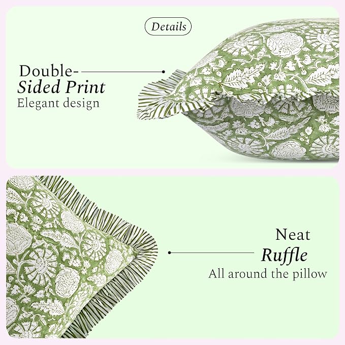 CPC Olive Bloom Hand Block Print 100% Cotton Ruffle Throw Pillow Cover 18x18 inch with Hidden Zipper Decorative for Couch, Bed, Sofa, Farmhouse, Cottagecore Decor Gift Christmas Fall Thanksgiving