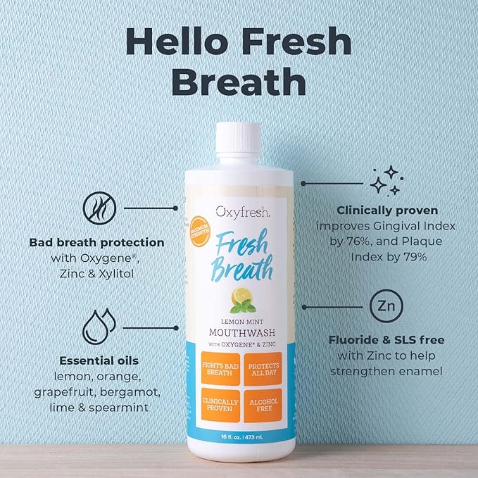 Oxyfresh Lemon Mint Fresh Breath Mouthwash – Bad Breath Treatment – SLS & Fluoride Free – Alcohol Free, Gentle Nonburning with Xylitol & Essential Oils – Pro Size Gallon 128 oz
