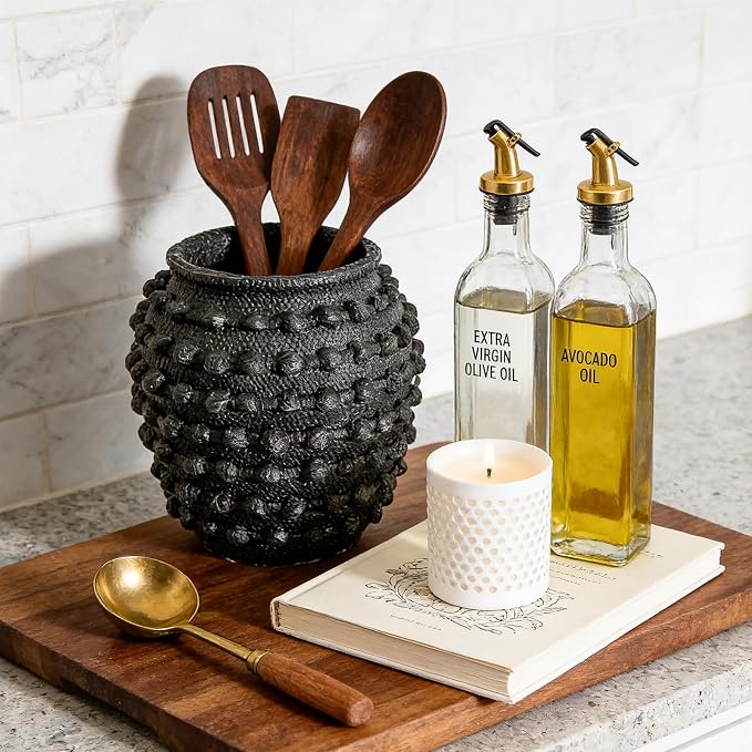 DN DECONATION Rustic Farmhouse Vase, Textured Boho Vase for Home Decor | Black, 8.6 Inch, Cement Decorative Flower Vases with Rope Knots for Living Room, Table Centerpiece, Shelf, Mantel Decoration