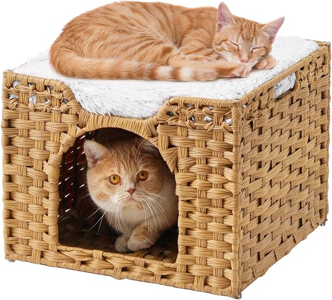 SETVSON Cat Beds Indoor Kitten House, PE Rattan Cat Cave, Natural | PE Rattan Cat Cave & Perch, Reversible Soft Cushion, 2 S-Hooks, Sturdy Metal Frame, 16.5x16.5x13.2 In Pet Cube