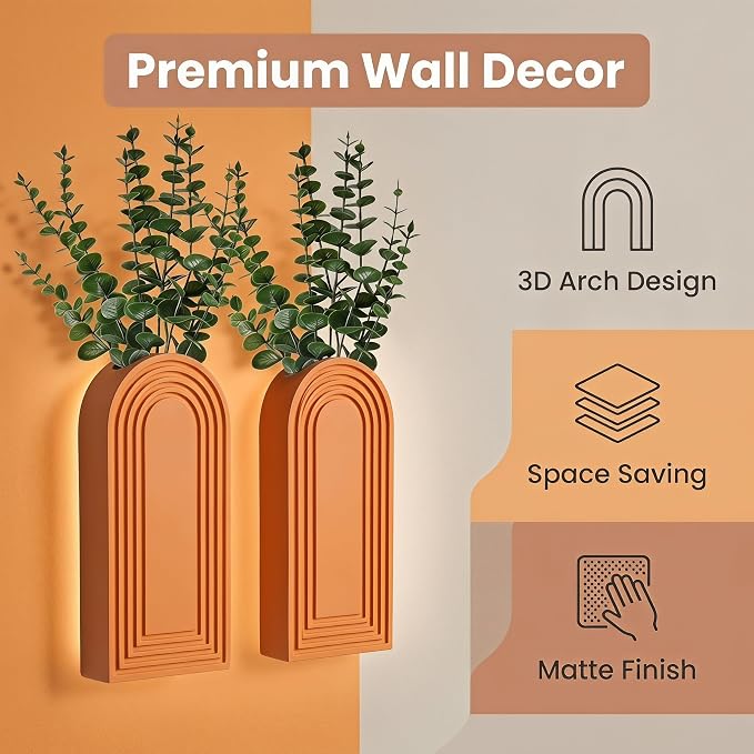 Dnnnii 2 Pack Wooden Wall Vase Set - Orange Finish Modern Farmhouse & Boho Wall Decor for Entryway, Hallway, Bathroom, Living Room, Dining Room, Narrow Spaces