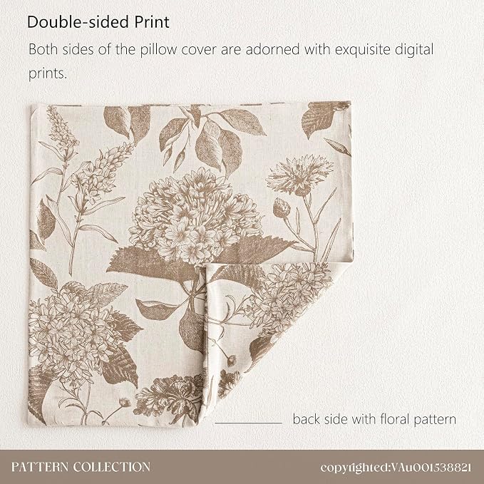 Foindtower Set of 2 Linen Floral Throw Pillow Covers Neutral Vintage Print Decorative Cushion Covers Farmhouse Boho Home Decor for Sofa Chair Couch Bedroom Living Room,22×22 Inch,Light Brown