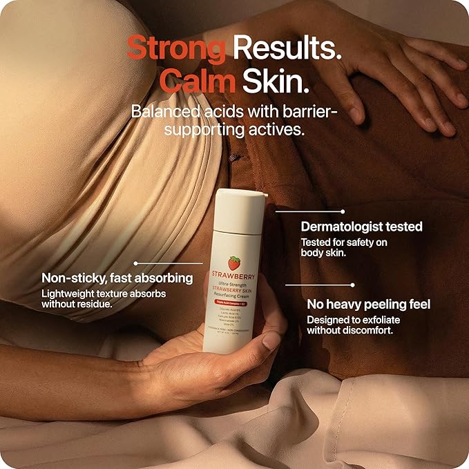 STRAWBERRY® Resurfacing Cream for Keratosis Pilaris - KP Bump Eraser Skin - Exfoliating Lotion with Glycolic, Lactic & Salicylic Acid - Remover for Rough & Bumpy Skin 12 oz (3 pack)