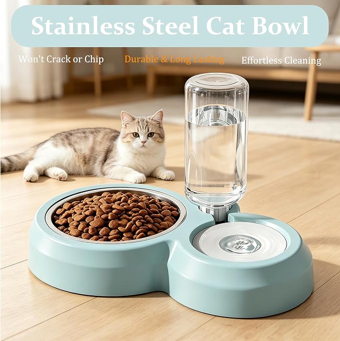 YSHOME&PET Double Dog Bowls, Cat Food & Water Bowl Set with Water Dispenser | Detachable Durable Stainless Steel Bowl Gravity Feeder for Small or Medium Size Dogs Cats Kittens Rabbits Bunny Easy to Clean