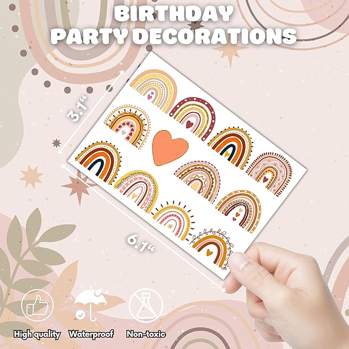 Boho Rainbow 1st Temporary Tattoos 8 Sheets 96PCS Rainbow Party Decorations Supplies Favors Boho Pastel Theme Birthday Cute Stickers Christmas Gifts for Boys Girls Class School Prizes Carnival