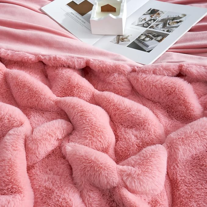 Cozy Bliss Deluxe Sheared Rabbit Faux Fur Throw Blanket, Soft Fuzzy High-Low Sculpted Plush Blanket for Couch, Cozy Home Accent, All Season Use, Pink 60"x80"