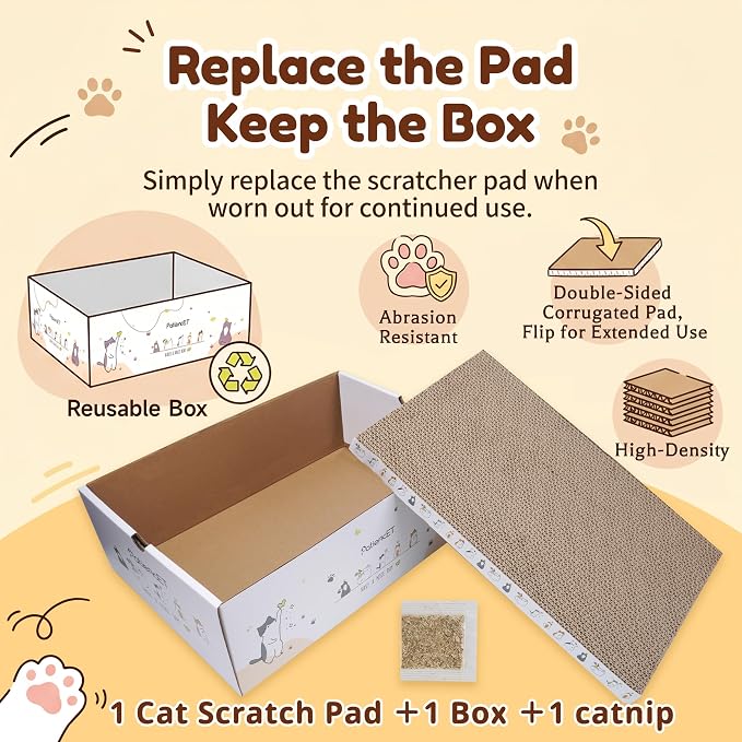 PatiencET Cat Scratch Pad with Box, Corrugated Cardboard Scratcher | Raised edges, less mess, cozy lounge, furniture protection, double-sided scratch surface, replaceable design, catnip included