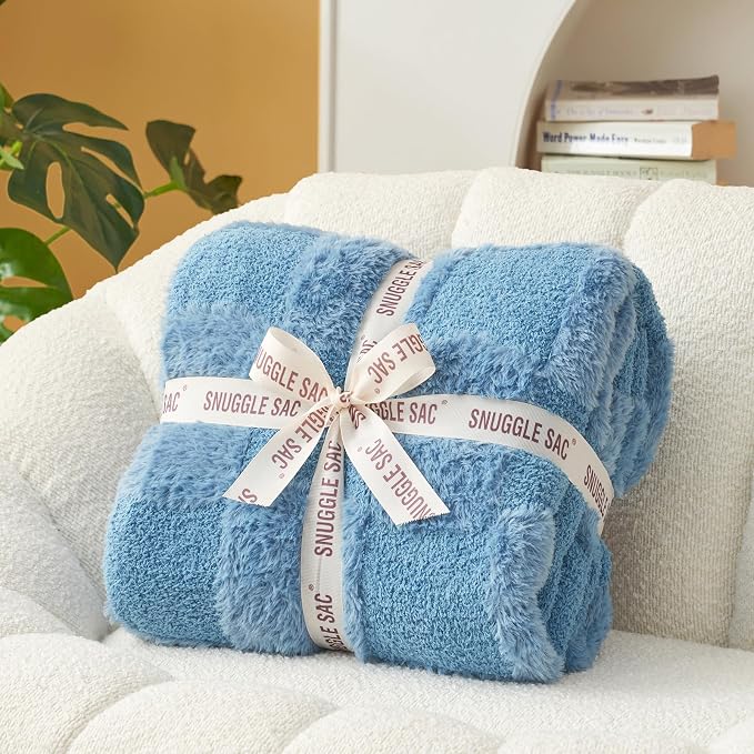 Snuggle Sac Faux Fur Throw Blanket for Couch,Knitted with Microfiber Fancy Yarn Blanket, Cozy Soft Warm Blankets for Sofa, Bedroom, Living Room, Solid Blue,50x60 inches