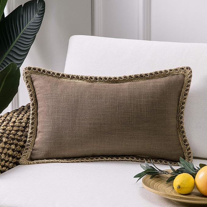 Phantoscope Farmhouse Throw Decorative Pillow Cover Burlap Linen Trimmed Tailored Edges Outdoor Pillow Geometric-Pattern Coffee 12 x 20 inches, 30 x 50 cm
