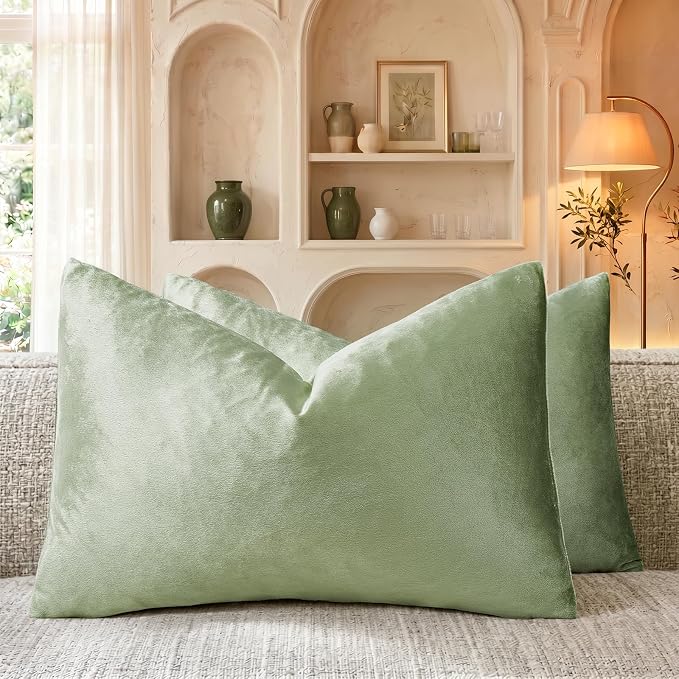 GIGIZAZA Sage Green Velvet Throw Pillow Covers 12x20 Pack of 2 | Decorative Lumbar Pillows for Couch Sofa,280gsm Soft Textured Fabric,Modern Pillowcases,Luxury Cushion Covers