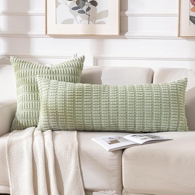 Fancy Homi Decorative Throw Pillow Covers for Bed Couch Bedroom Bench, Soft Corduroy Solid Pillow Case, Rustic Farmhouse Boho Room Decor,36" x 14" (Pack of 1),Sage Green