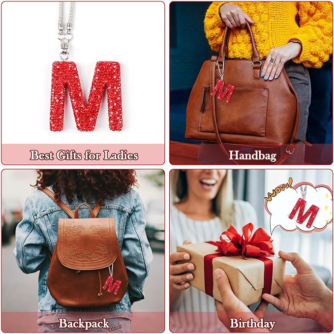 Red Bling Mirror Hanging Accessories, Diamond Crystal Rhinestone Letter M Car Hanging Ornament, Cute Lucky Bling Car Charm for Women (Red,M)