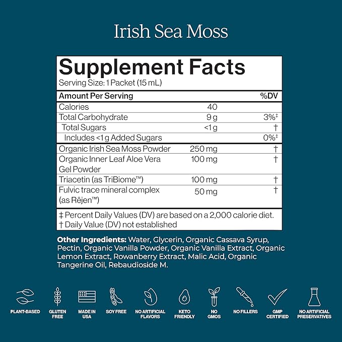 CYMBIOTIKA Irish Sea Moss Supplement, Organic Wildcrafted Sea Moss with Aloe Vera, Fulvic Minerals, Postbiotics, Gut, Immune, Skin Support, On The go Packet, 52 Servings, 2 Month Supply