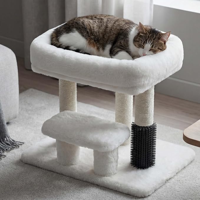 Heybly Cat Scratching Post with Grooming Brush & Gentle Step, HSP001SWH | Small Cat Tree with 5 Full Sisal Posts, Removable Plush Bed, Stable & Space-Saving Cat Furniture for Indoor Cats, White