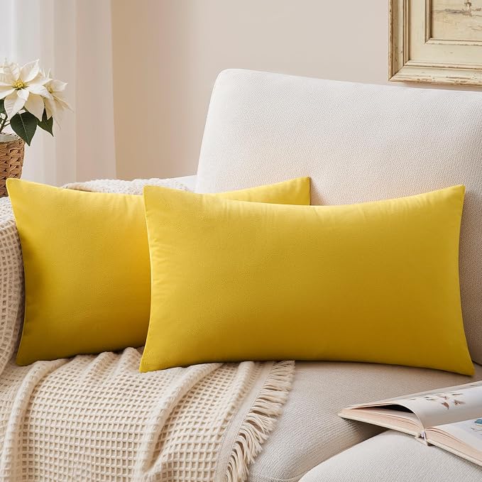 Throw Pillow Covers Set of 2 12x20 Inch Velvet Pillow Covers, Soft Lumbar Yellow Decorative Covers for Couch Sofa Bed Living Room, Neutral Fall Farmhouse Covers