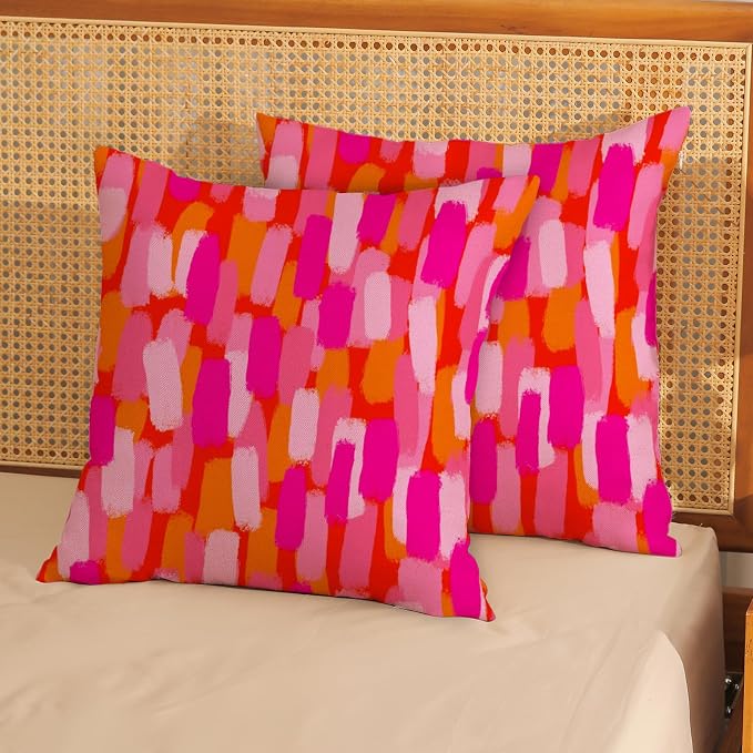Hot Pink Orange Pillow Covers 18x18 Inch Set of 2 Abstract Preppy Throw Pillows Painting Outdoor Decorative Pillow Cases Linen Aesthetic Boho Cushion Cover for Couch Home Sofa Bed Decor