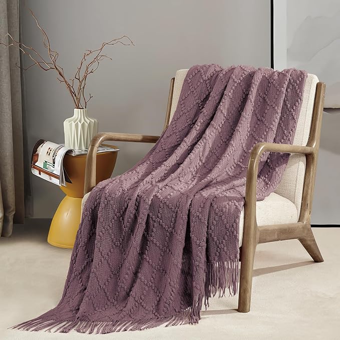 BOURINA Lavender Throw Blanket 50 x70 Inch Jacquard Throw Knitted Blanket | Jacquard Argyle Throw Textured Solid Soft Throws and Blankets for Sofa or Bed Knitted Decorative Blanket