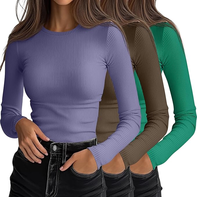 Ficerd 3 Pack Women's Ribbed Long Sleeve Tops, Crew Neck Slim Fit Undershirts Knit Basic Casual Stretch Layering Tee Shirts