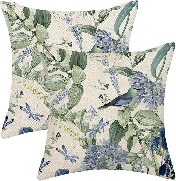Chinoiserie Pillow Covers 18x18 Set of 2 Blue Green Floral Bird Pillow Cases Vintage Flower Seasonal Outdoor Throw Pillows Linen Farmhouse Chinoiserie Decorative Cushion Case for Couch Sofa