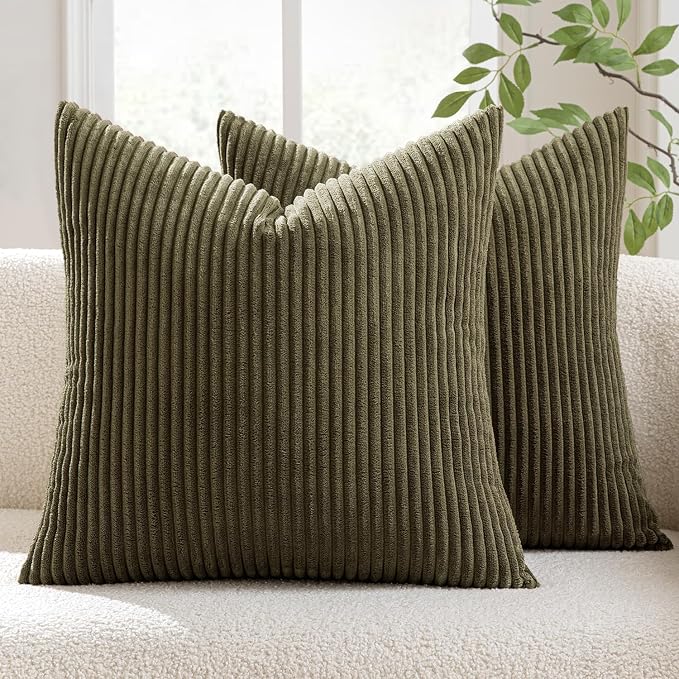 MIULEE Decorative Corduroy Throw Pillow Covers Set of 2 20x20 Olive Green | Soft Striped Textured Cushion Cases, Boho Natural Greenery Pillowcases for Home Decor, for Couch Chair Sofa Bed Living Room