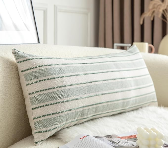 Cethom Decorative Boho Lumbar Pillow Covers, Modern Farmhouse Couch Pillowcase, 14 x 36 Long Accent Body Throw Pillow Covers, Sofa Bed Living Room Decor Cushion Case, Green and Beige, Pack of 1