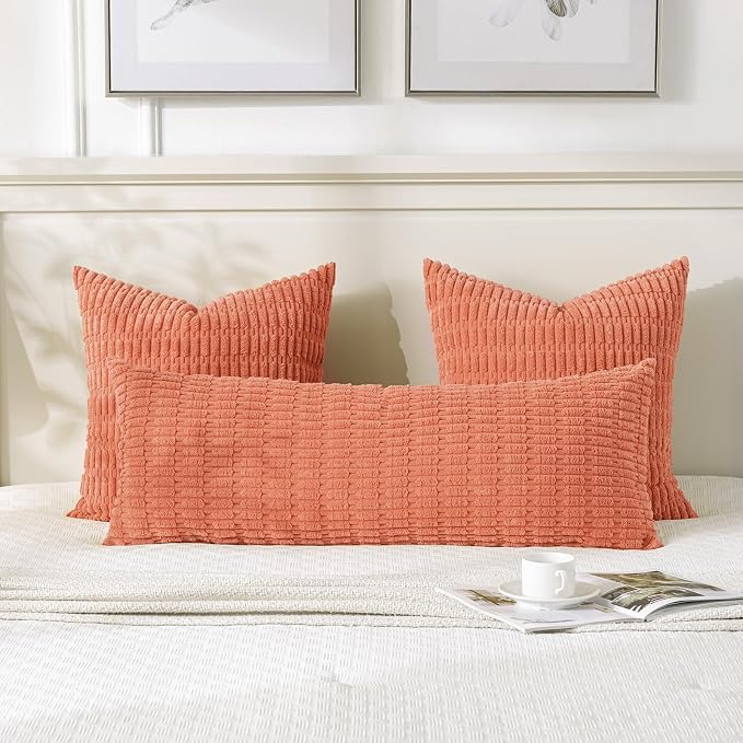 Fancy Homi Decorative Throw Pillow Covers for Bed Couch Bedroom Bench, Soft Corduroy Solid Pillow Case, Rustic Farmhouse Boho Room Decor,36" x 14" (Pack of 1),Coral