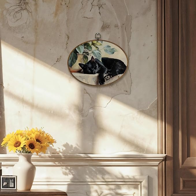 LKETW Vintage Black Cat Sleeping Oval Wall Art Decor, Black Cat Gifts for Women Oval Canvas Hanging Decor, Cottagecore Farmhouse Kitty Wall Decorations for Home Bedroom Living Room, 8.6x11.4 Inch
