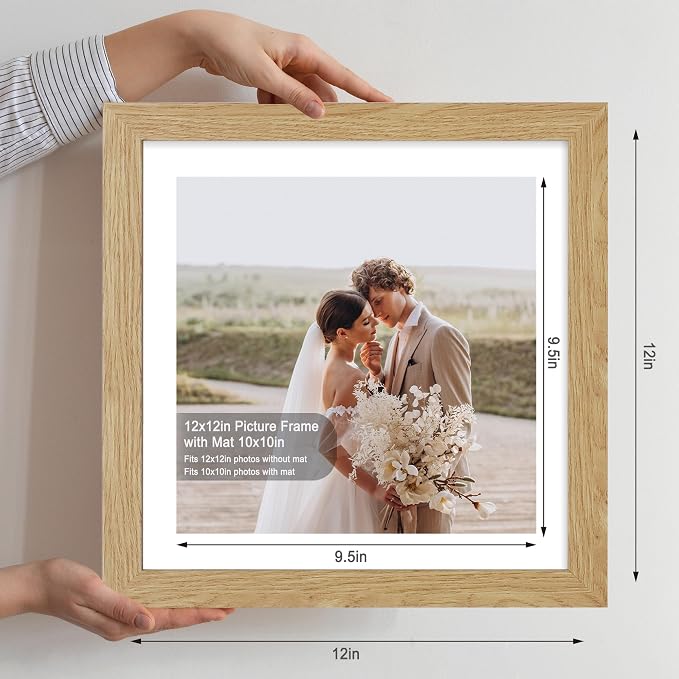 Hongkee 12x12 Picture Frame Set of 4 - Made of Glass and Natural Oak Wooden Frame, Display Square Pictures 10x10 with Mat or 12 x 12 without Mat, Desktop & Wall Collage Photo Frame