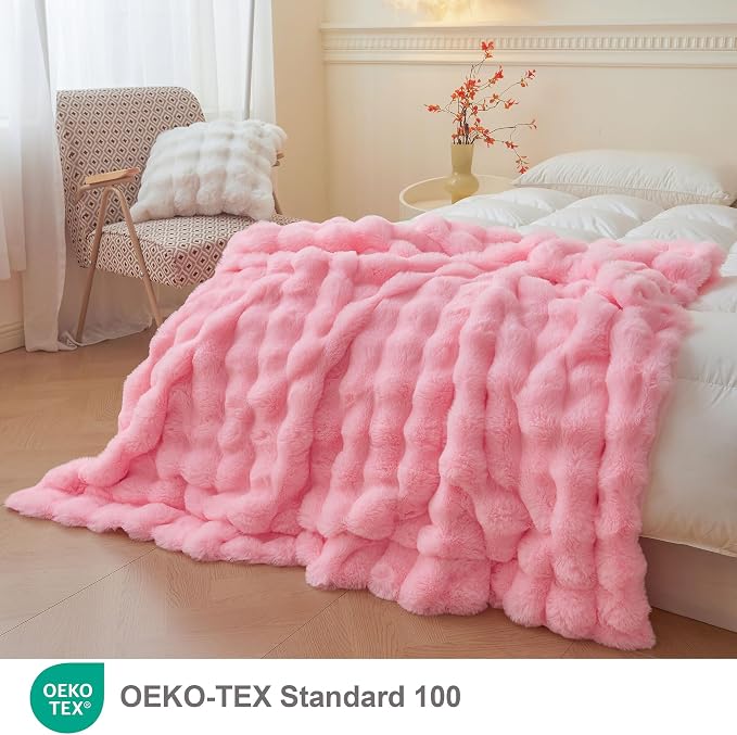 LIFEREVO Luxury Fluffy Faux Rabbit Fur Throw Blanket 60x80, Pink | Plush Fuzzy Bubble Lap Throw for Couch Sofa Office, Soft Cozy Furry Bed Blanket Home Decoration, Washable & Skin-friendly