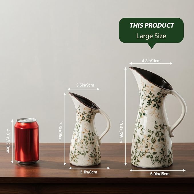 Ceramic Flower Vase for Home Decor, Vintage Green Pitcher Vase 10.5 Inch | Rustic Farmhouse Floral Vase for Wedding Centerpiece, Coffee Table, Living Room, Kitchen, Mantel, Bookshelf, Entryway