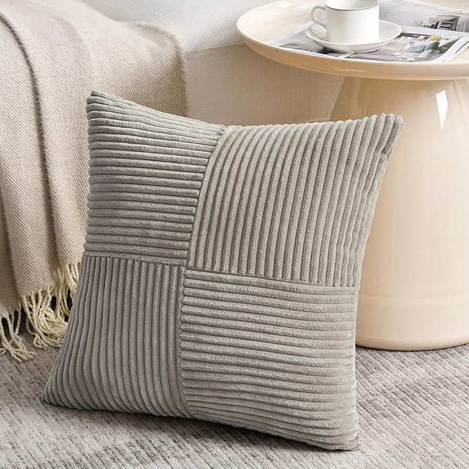 Fancy Homi Neutral Grey Samll Decorative Throw Pillow Covers 14x14 Inch with for Couch Bed Sofa, Rustic Farmhouse Boho Home Decor, Soft Corss Patchwork Corduroy Square Cushion Case 35x35 cm