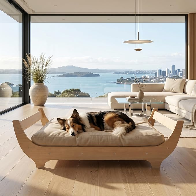PERUGINA Wood Elevated Raised Dog Bed Frame Mat Set,WoodPattern,80lb | Trainer Recommended DutchDesign Sturdy Attractive Dog Sofa Couch Furniture