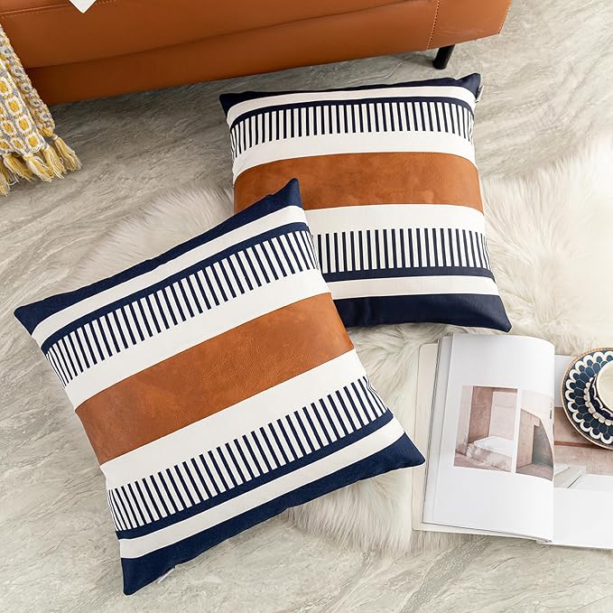 Set of 2 Large Throw Pillow Covers 24x24 Neutral Decorative Pillow Case for Sofa Couch Bed Faux Leather Accent Square Cushion Cover, Modern Farmhouse Decor