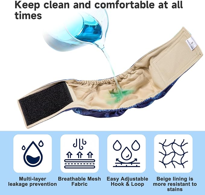 Langsprit Small Male Dog Diapers for Doggie Puppy,Reusable Belly Bands for Male Dogs Wraps,Washable Doggy Dog Diapers Medium Large in Incontinence 4 Pack (Sea Shell, Tortoise, Shark, Fish, Medium)