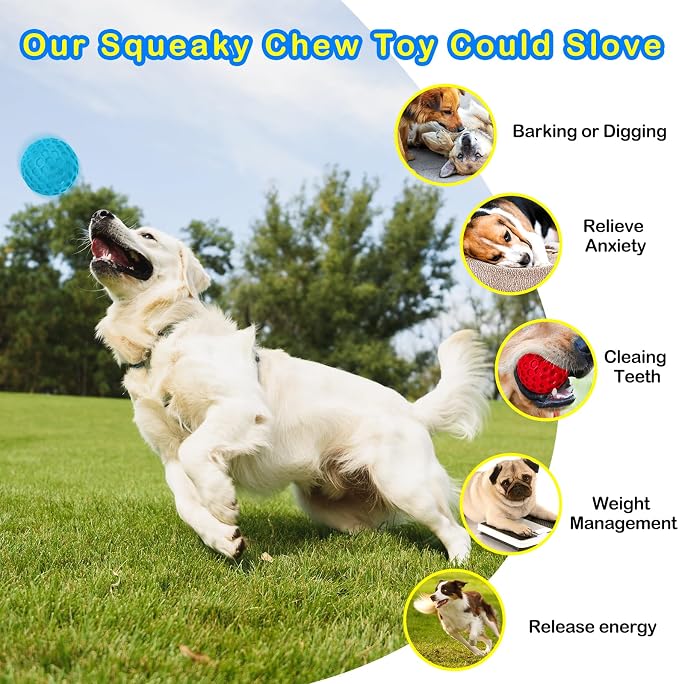 3 Pack Indestructible Squeaky Dog Balls for Aggressive Chewers, Interactive Dog Toys for Teething, Relieving Anxiety. Chew Toy for Large, Medium Breeds, Outdoor Rubber Balls.