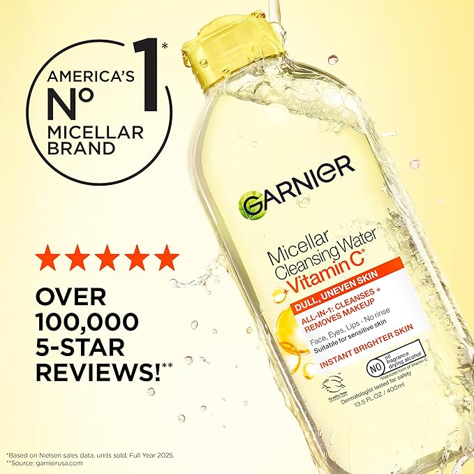 Garnier Micellar Water with Vitamin C, Facial Cleanser & Makeup Remover, Brightening & Hydrating, For All Skin Types, Vegan, Cruelty Free, 13.5 Fl Oz (400mL), 1 Count