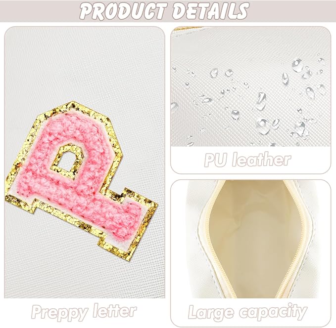URSKYTOUS Initial Makeup Bag Personalized Preppy Travel Small Cosmetic Bag Cute PU White Chenille Letter Makeup Pouch for Purse Waterproof Zippered Toiletry Organizer for Women Girl Kid Friends (P)