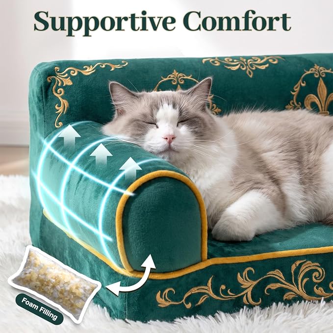 Cat Couch Bed, Supportive Dog Bed for Small Dogs, 24 Inch | Faux Suede Fabric, Pet Couch Sofa for Cats and Small Dogs, Non-Slip and Washable Removable Cover, Vintage Green