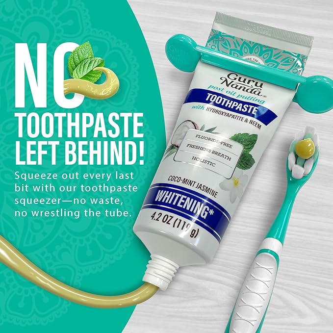 GuruNanda Hydroxyapatite Toothpaste, SLS & Fluoride Free, Whitening Toothpaste with Tongue Scraper & Squeezer - Freshens Breath, Fights Plaque - Natural CocoMint Jasmine Neem, 4.2oz