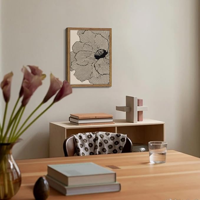 Framed Abstract Floral Wall Art, Neutral Lines Flower Canvas Wall Decor Painting, Modern Minimalist Botanical Poster Print Picture for Living Room Bedroom Bathroom 16x24 Inch