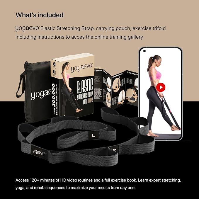 YogaEVO Stretching Strap with Loops for Physical Therapy — Yoga Strap & Resistance Band in One — Flexibility & Back Recovery — HD Video Routines Included