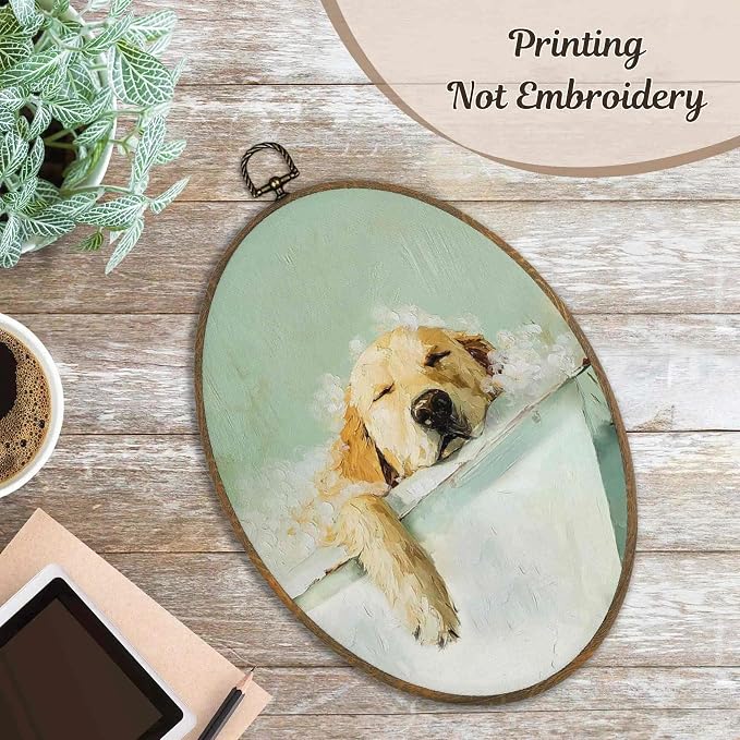 LKETW Funny Golden Retriever Bathroom Oval Wall Art Decor, Golden Retriever Gifts Oval Canvas Hanging Decor, Dog Sleeping in Bathtub Wall Decorations for Bathroom Washroom, 8.6x11.4 Inch Set of 2