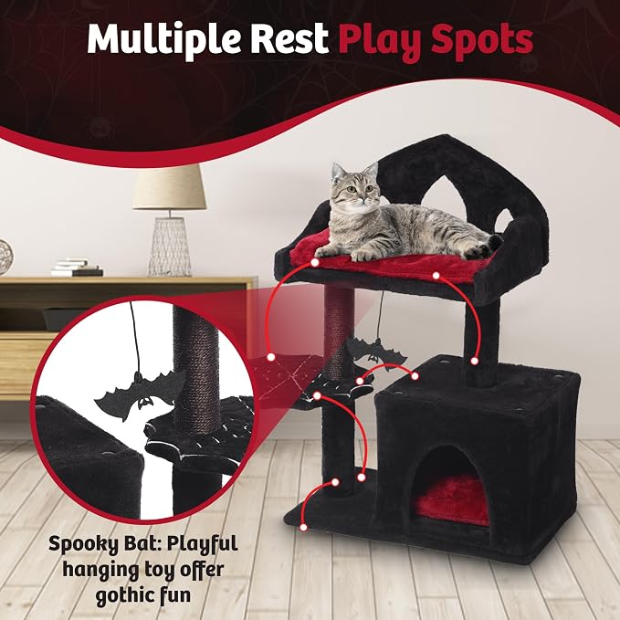 Gothic Cat Tree - 28in Black Cat Condo with Regal Throne Bed, Spooky Hanging Bat and Durable Sisal Scratching Post - Goth Cat Tree for Majestic Rest