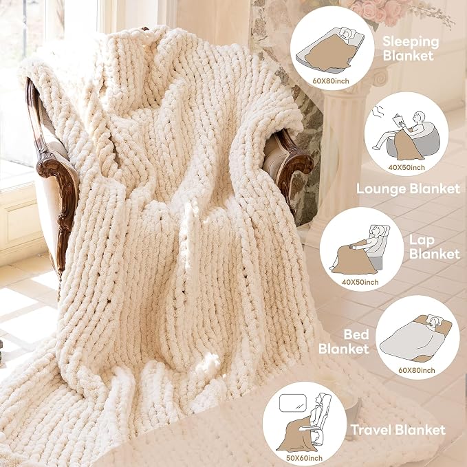 Chunky Knit Blanket - Luxury Soft Cozy 40 * 50 Throw Blanket,100% Woven Blanket Rope Knot Throw Blanket for Couch, Sofa, Home Decor, Gift - Machine Washable (Cream, 40 * 50)