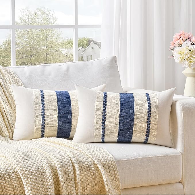 Fancy Homi Set of 2 Dusty Blue Vintage Lumbar Decorative Throw Pillow Covers 12x20 Inch for Couch Bed Sofa Chair Bedroom, Rustic Retro Square Cushion Case, Modern Farmhouse Boho Living Room Decor
