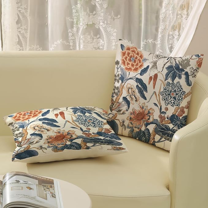 Navy Blue Orange Pillow Covers 18x18 Inch Set of 2 Vintage Blue Floral Throw Pillows Chinoiserie Flower Decorative Pillow Case Outdoor Linen Farmhouse Cushion Cover for Couch Sofa Decorations